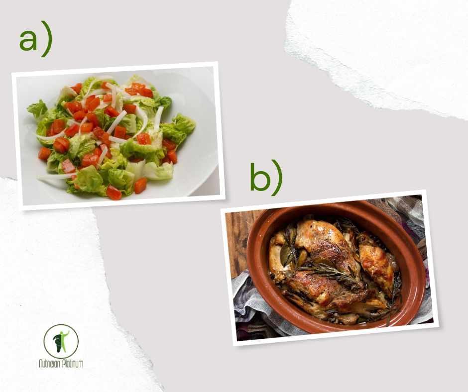 Ensalada de apio, tomate y aguacate con conejo al ajillo.